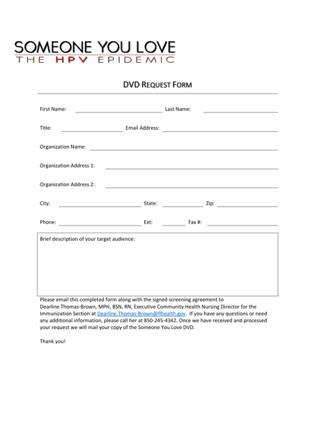 Dvd Request Form - Someone You Love: the Hpv Epidemic - Florida Download Pdf