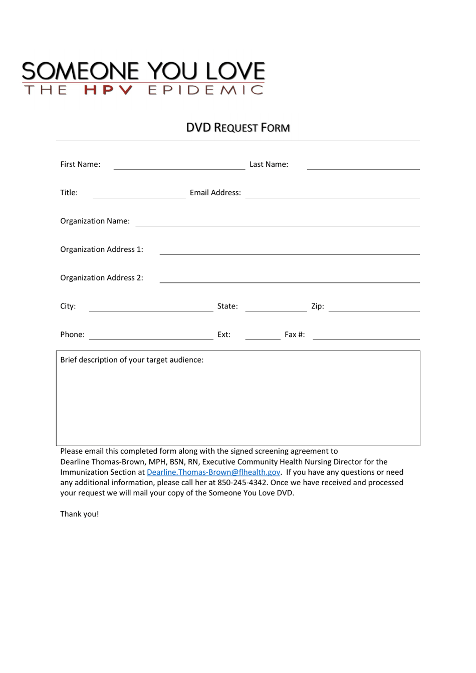 Dvd Request Form - Someone You Love: the Hpv Epidemic - Florida, Page 1