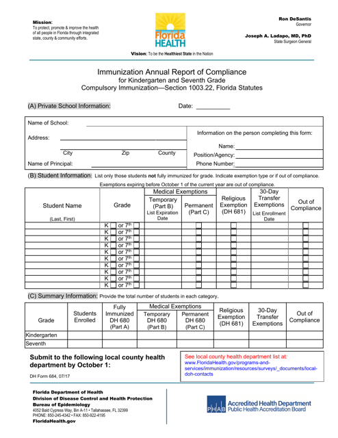 DH Form 684 Immunization Annual Report of Compliance for Kindergarten and Seventh Grade Compulsory Immunization - Florida