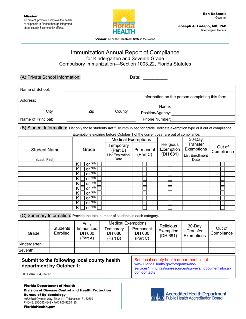 DH Form 684 Immunization Annual Report of Compliance for Kindergarten and Seventh Grade Compulsory Immunization - Florida, Page 1