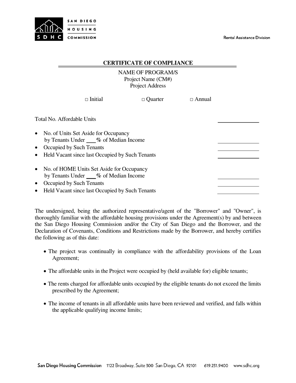 Certificate of Compliance - City of San Diego, California, Page 1