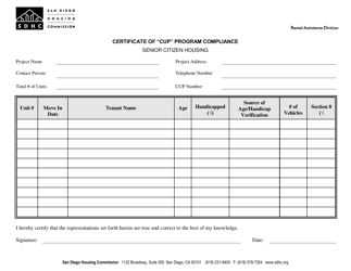Document preview: Certificate of "cup" Program Compliance - Senior Citizen Housing - City of San Diego, California