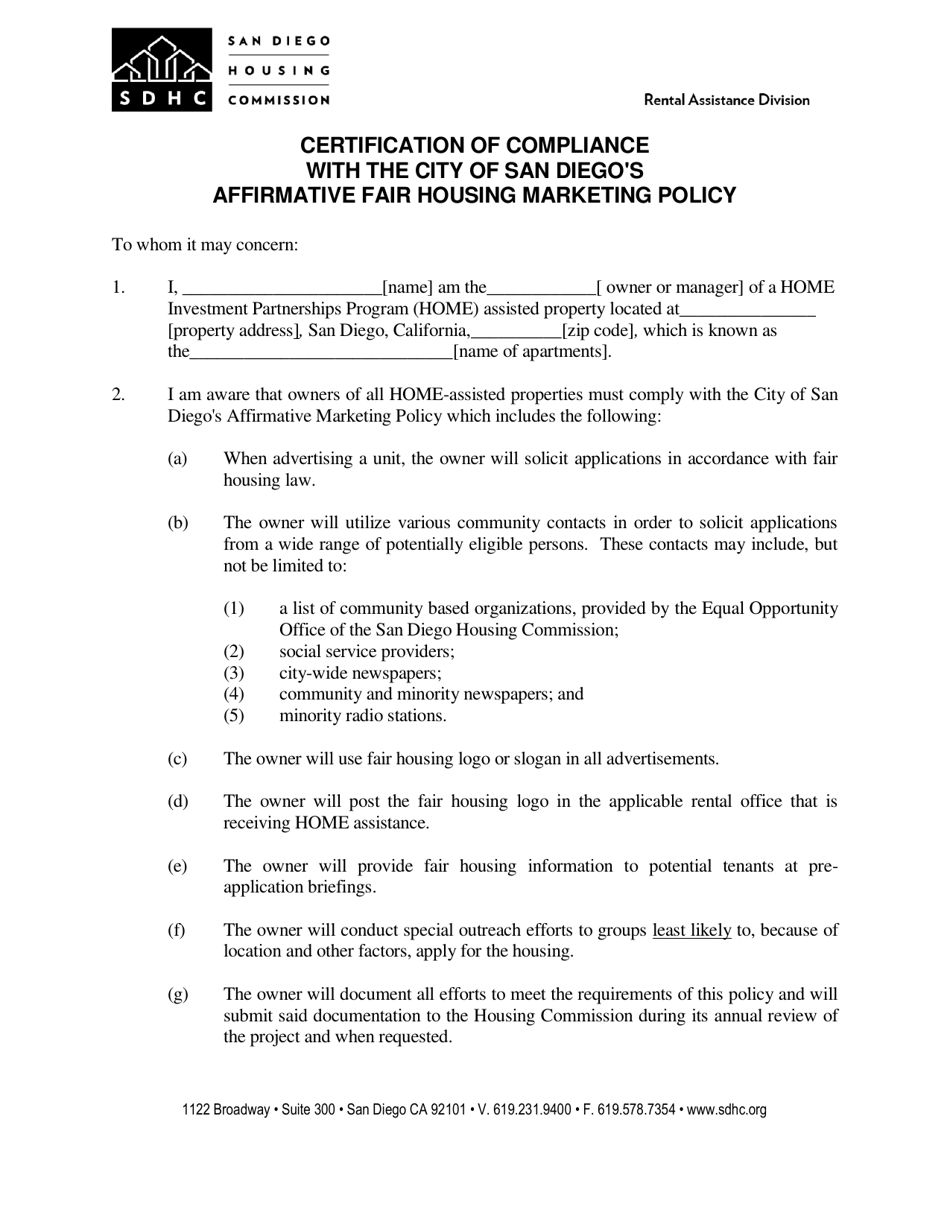 Certification of Compliance With the City of San Diegos Affirmative Fair Housing Marketing Policy - City of San Diego, California, Page 1