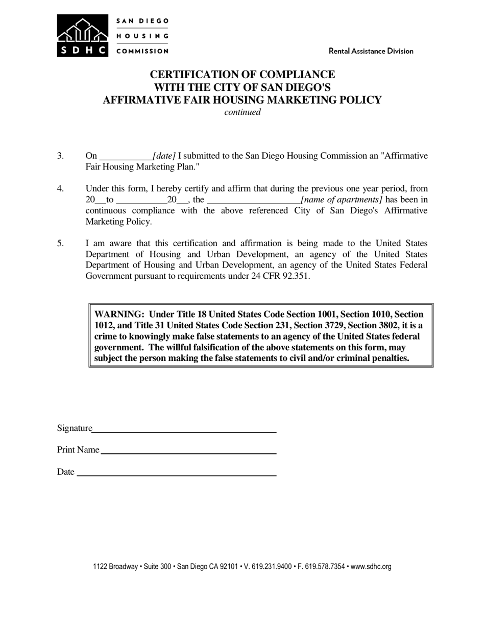 Certification of Compliance With the City of San Diegos Affirmative Fair Housing Marketing Policy - City of San Diego, California, Page 2