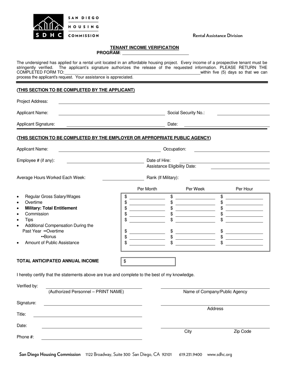 Tenant Income Verification - City of San Diego, California, Page 1