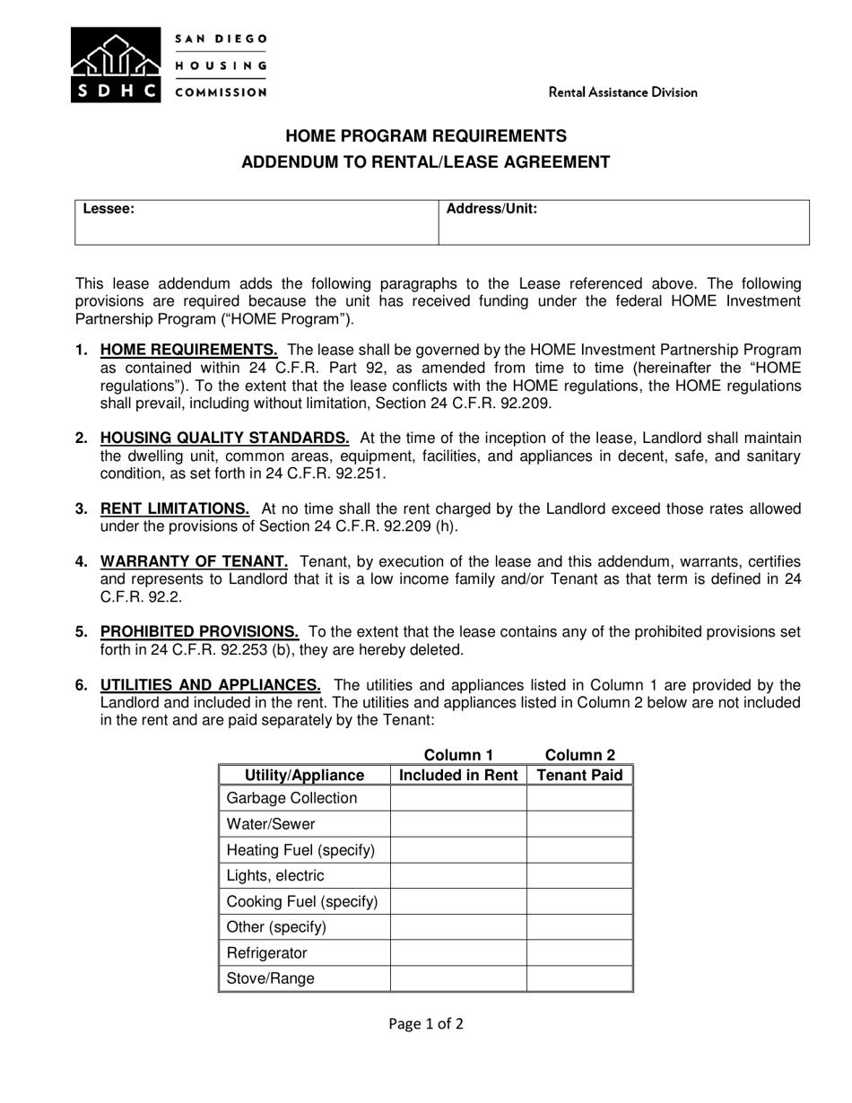Home Program Requirements Addendum to Rental / Lease Agreement - City of San Diego, California, Page 1