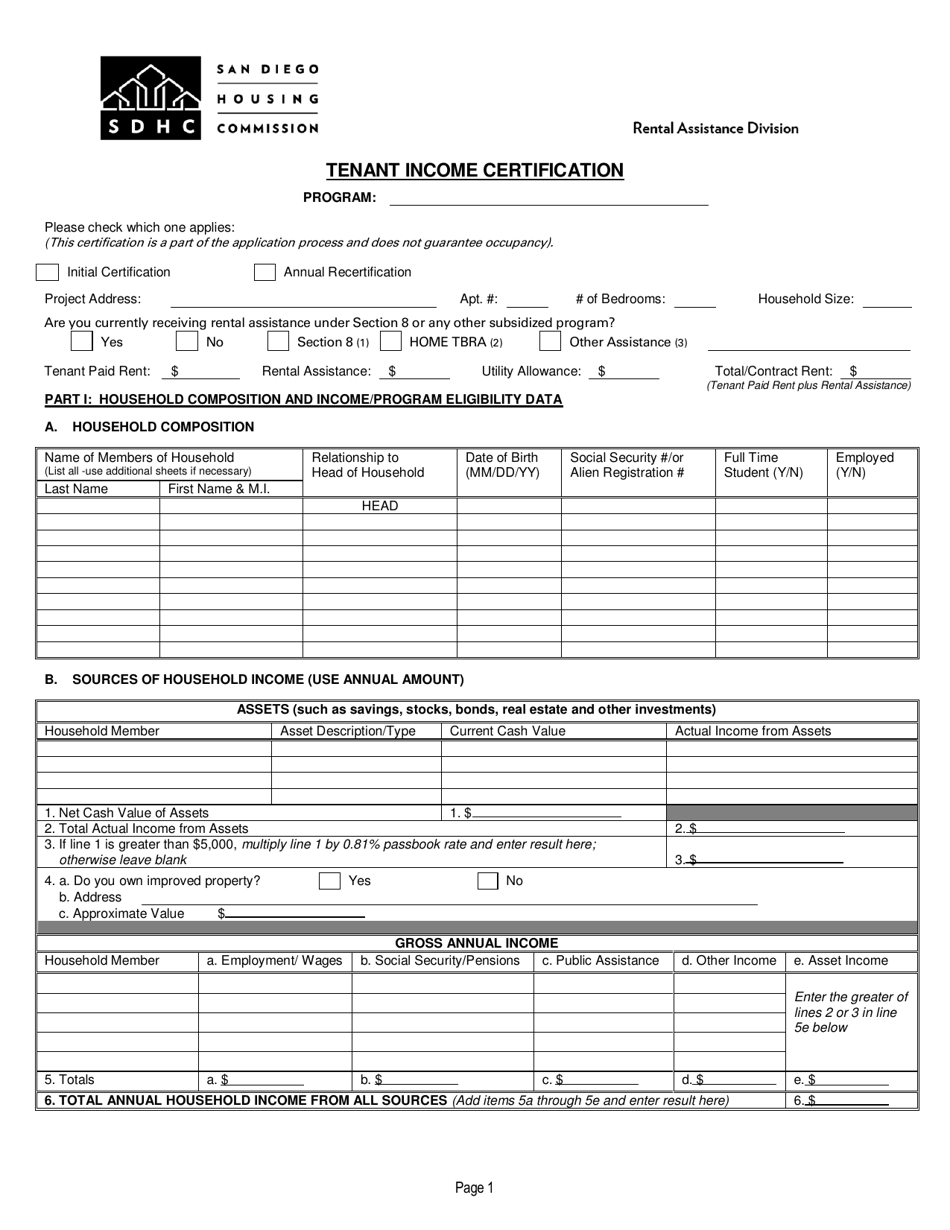 Tenant Income Certification - City of San Diego, California, Page 1