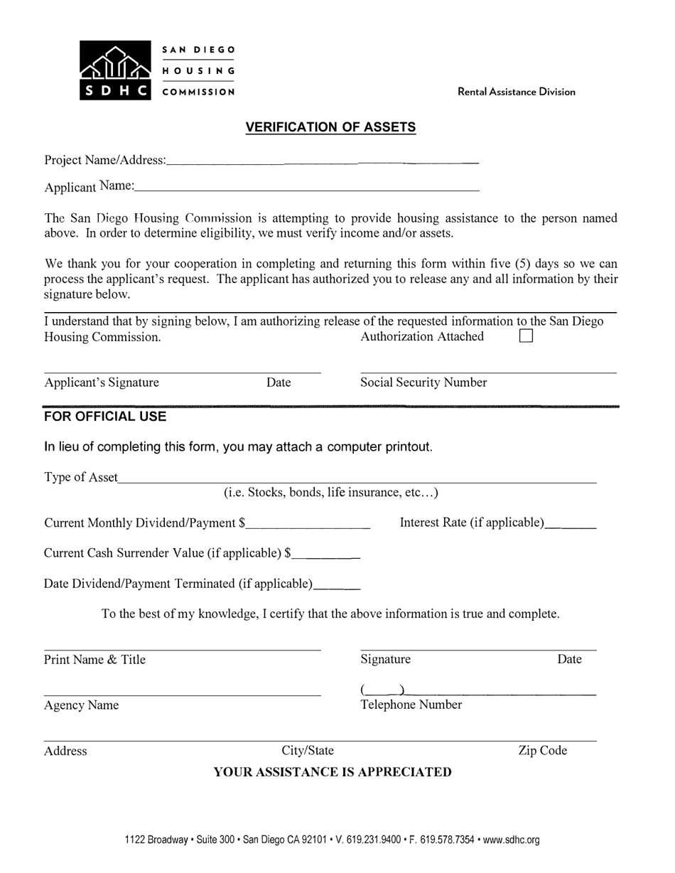 Verification of Assets - City of San Diego, California, Page 1