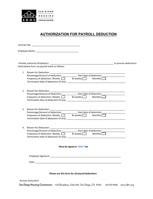 Authorization for Payroll Deduction - City of San Diego, California Download Pdf