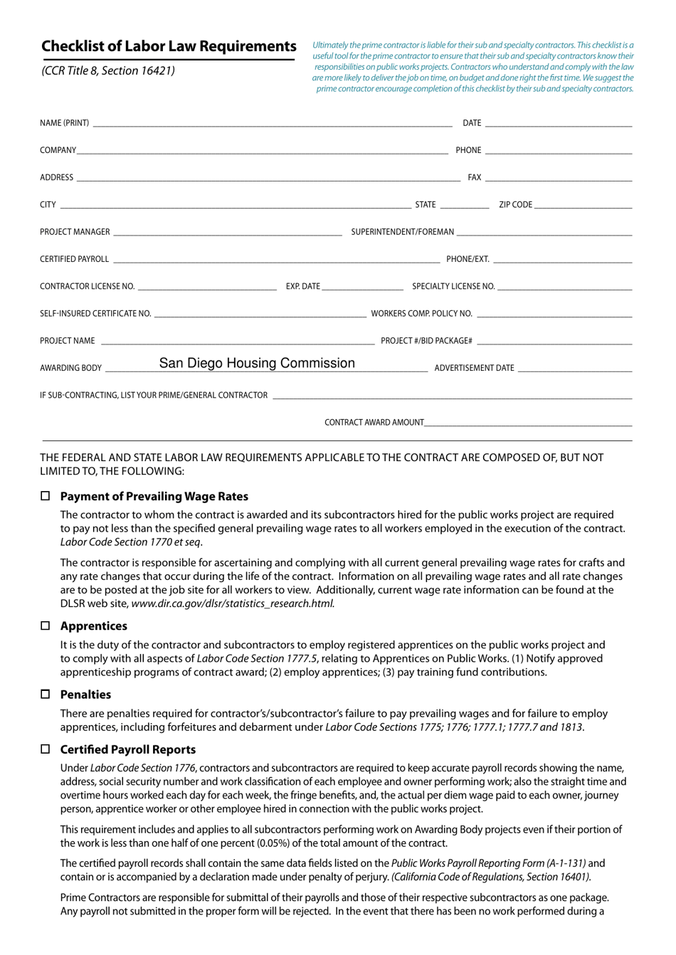 Checklist of Labor Law Requirements - City of San Diego, California, Page 1