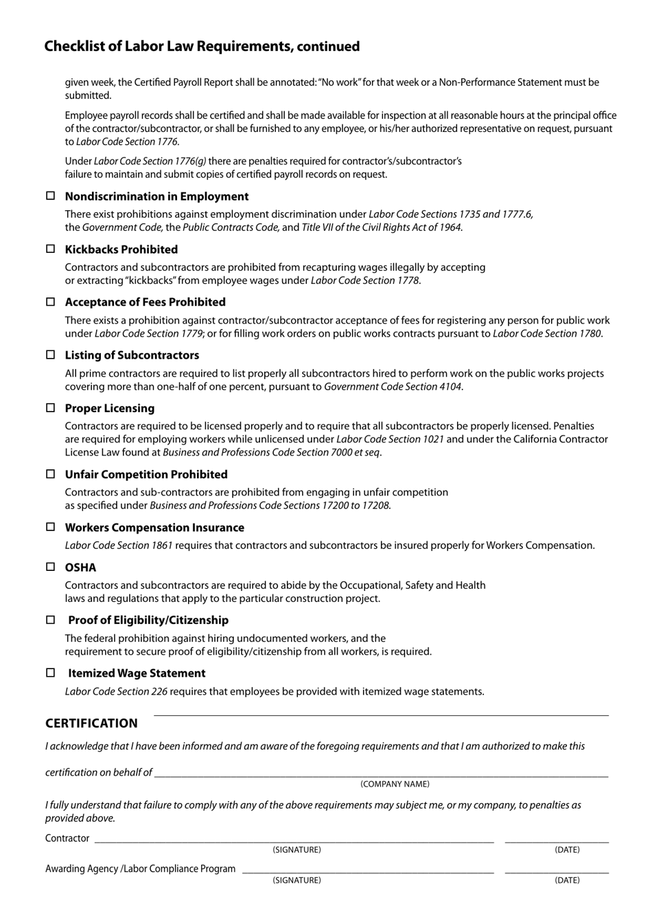 Checklist of Labor Law Requirements - City of San Diego, California, Page 2