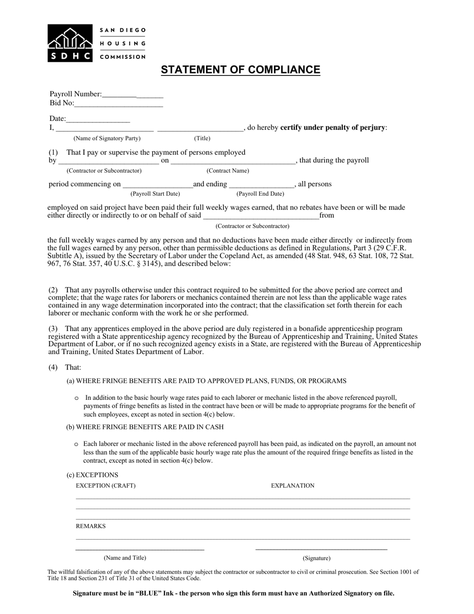 Statement of Compliance - City of San Diego, California, Page 1