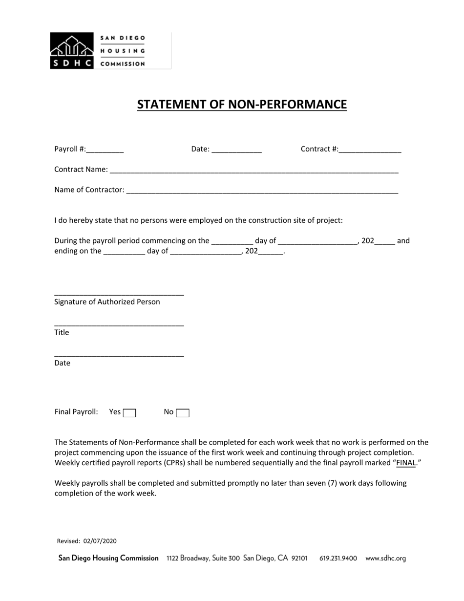 City of san diego california statement of non performance fill out