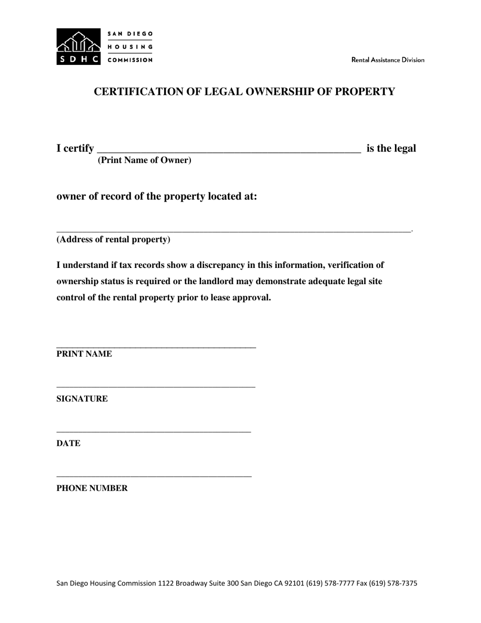 Certification of Legal Ownership of Property - City of San Diego, California, Page 1