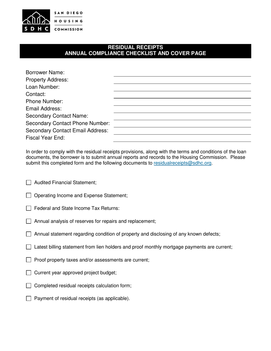 Residual Receipts Annual Compliance Checklist and Cover Page - City of San Diego, California, Page 1