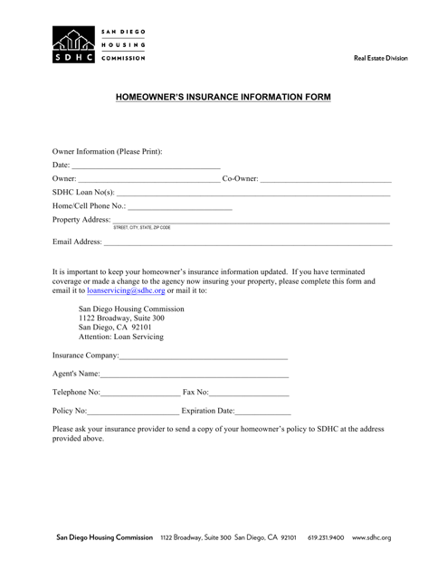 Homeowner's Insurance Information Form - City of San Diego, California Download Pdf