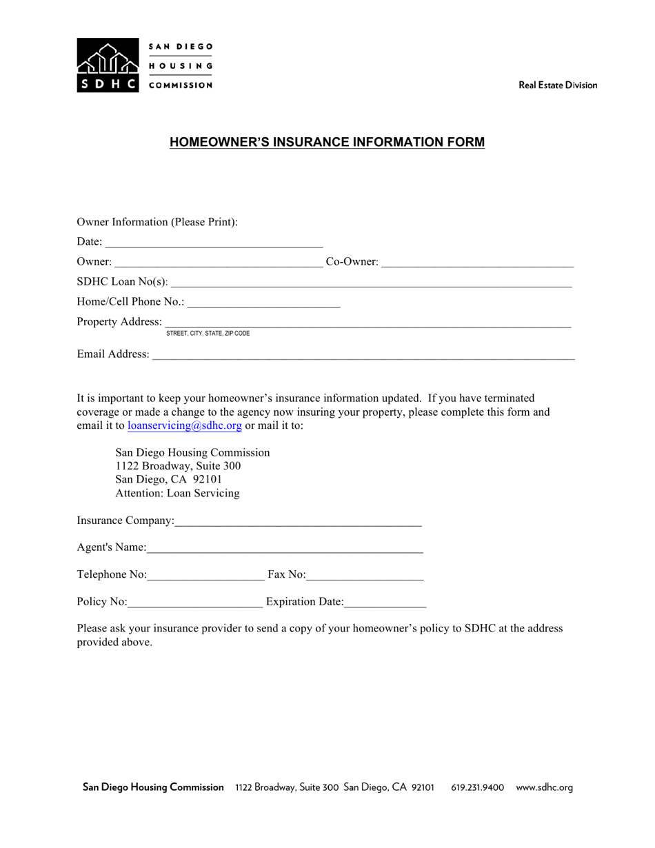 Homeowners Insurance Information Form - City of San Diego, California, Page 1