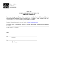 Document preview: Loss of Mortgage Credit Certificate Acknowledgement - City of San Diego, California