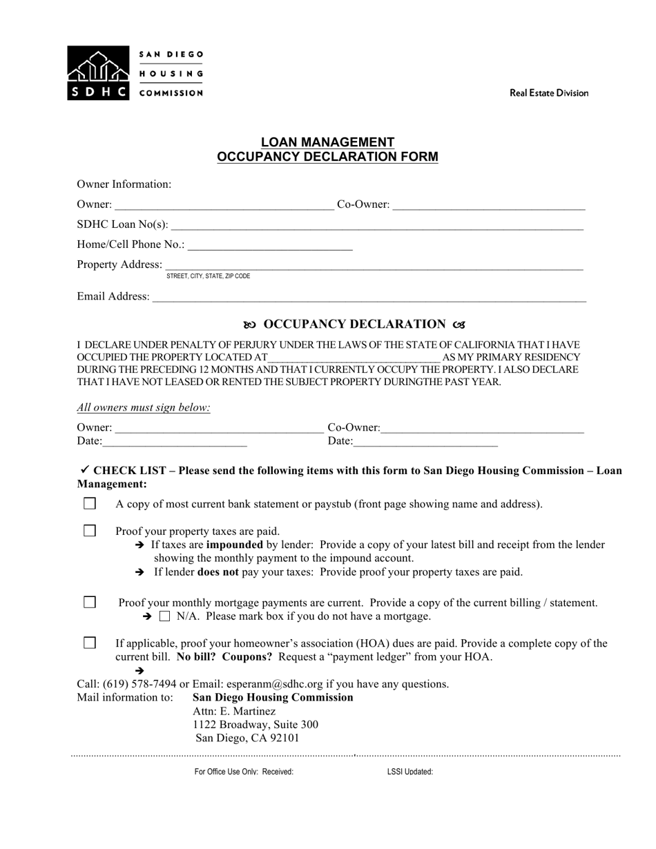 Loan Management Occupancy Declaration Form - City of San Diego, California, Page 1