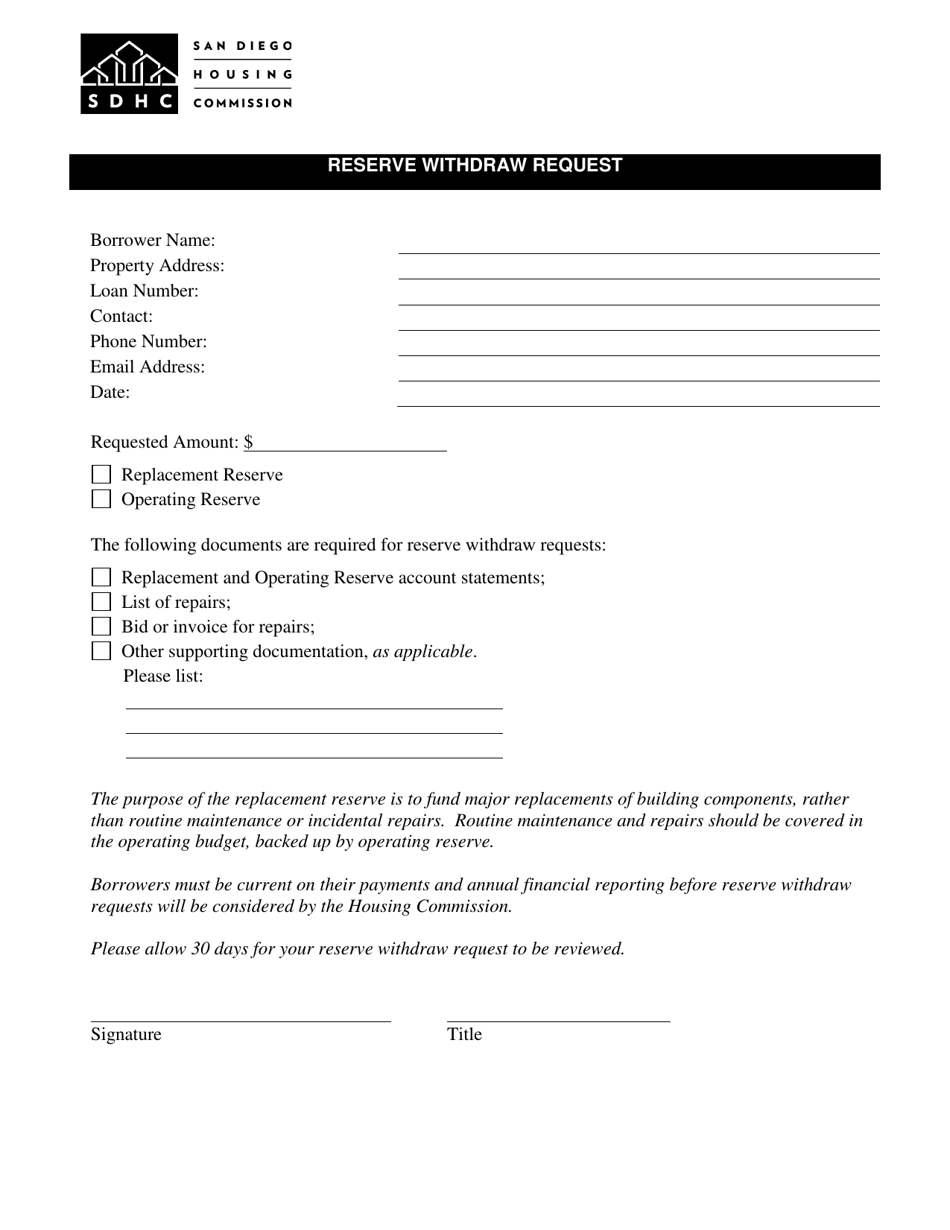 Reserve Withdraw Request - City of San Diego, California, Page 1