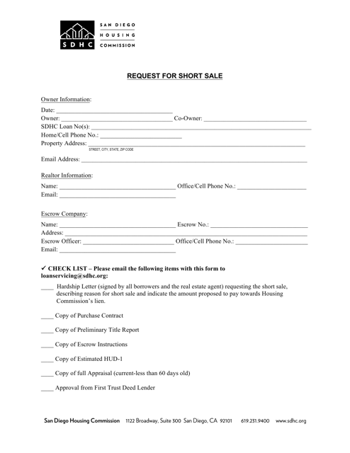 Request for Short Sale - City of San Diego, California Download Pdf