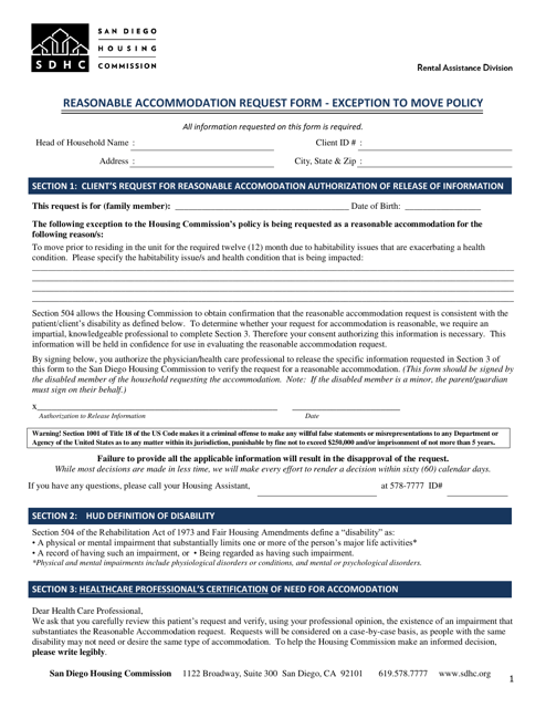 Reasonable Accommodation Request Form - Exception to Move Policy - City of San Diego, California