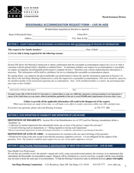 Document preview: Reasonable Accommodation Request Form - Live-In Aide - City of San Diego, California