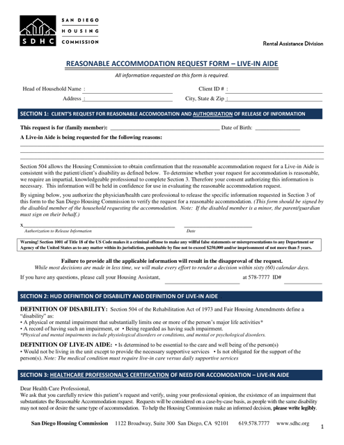 Reasonable Accommodation Request Form - Live-In Aide - City of San Diego, California Download Pdf
