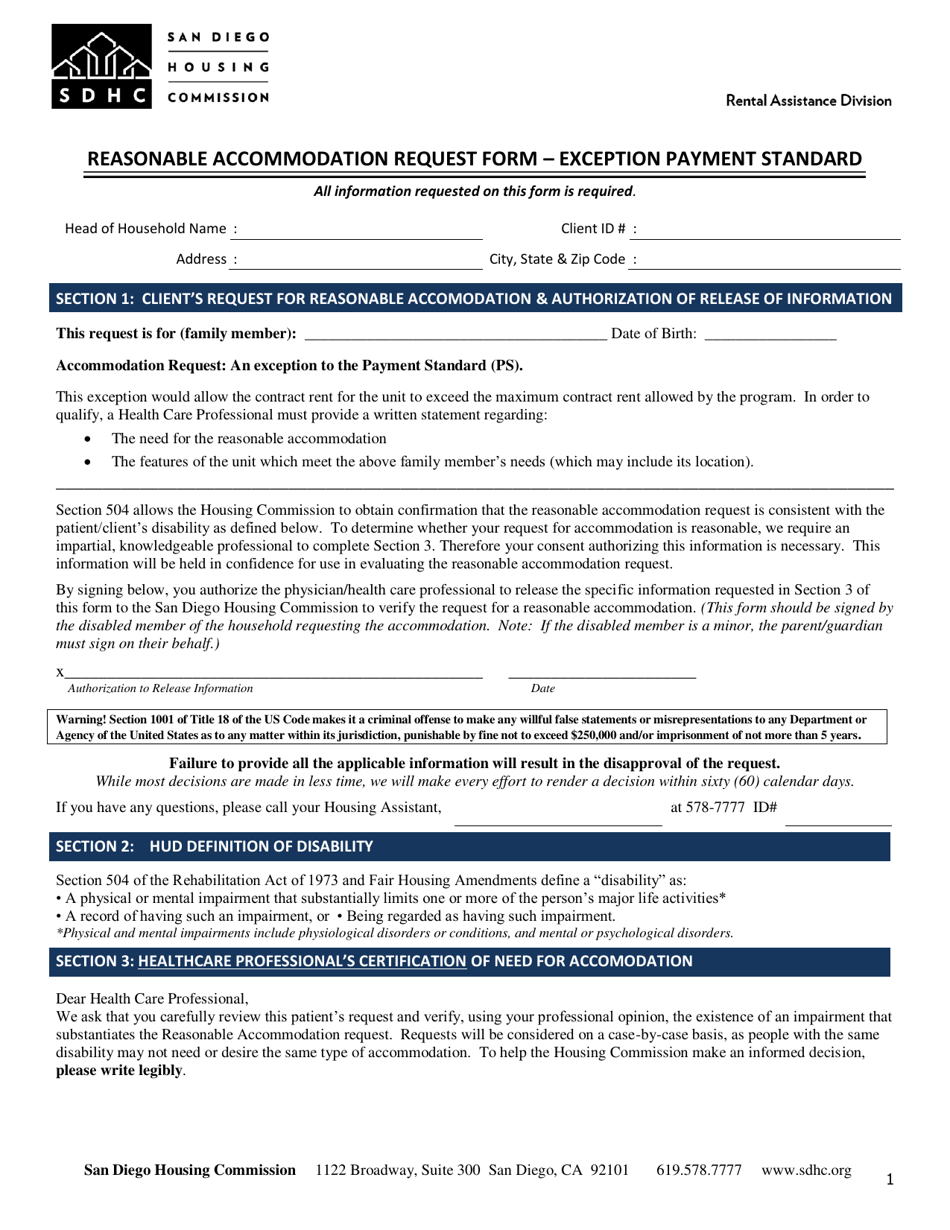 Reasonable Accommodation Request Form - Exception Payment Standard - City of San Diego, California, Page 1
