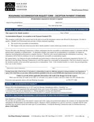 Document preview: Reasonable Accommodation Request Form - Exception Payment Standard - City of San Diego, California
