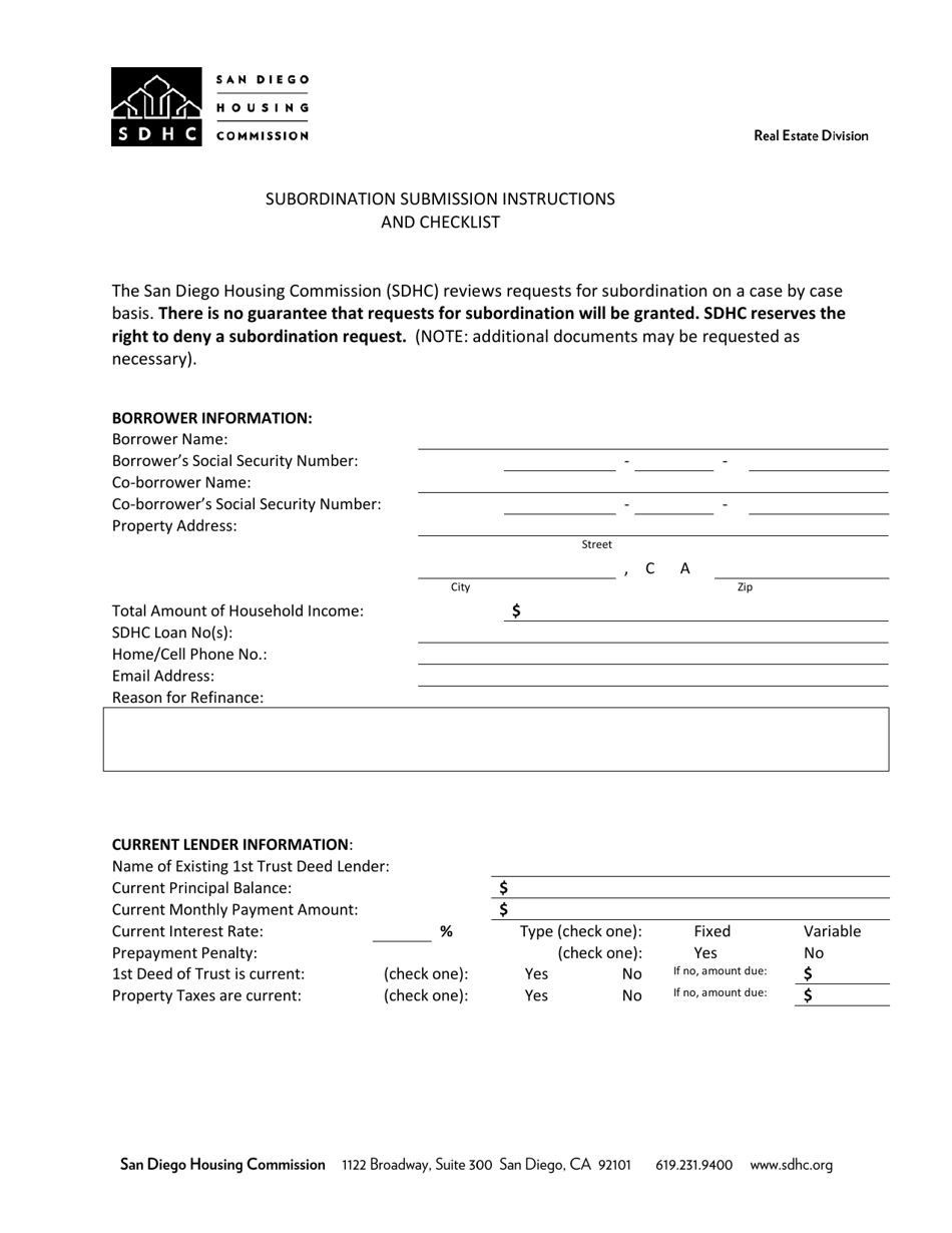 Subordination Submission Instructions and Checklist - City of San Diego, California, Page 1