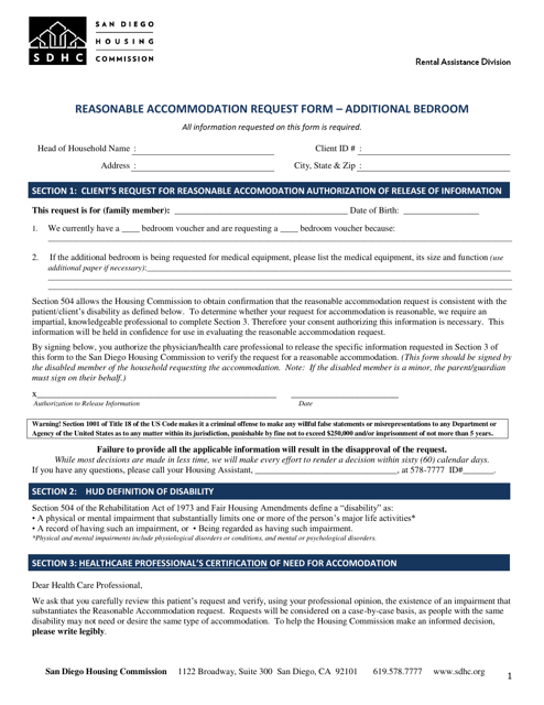Reasonable Accommodation Request Form - Additional Bedroom - City of San Diego, California Download Pdf