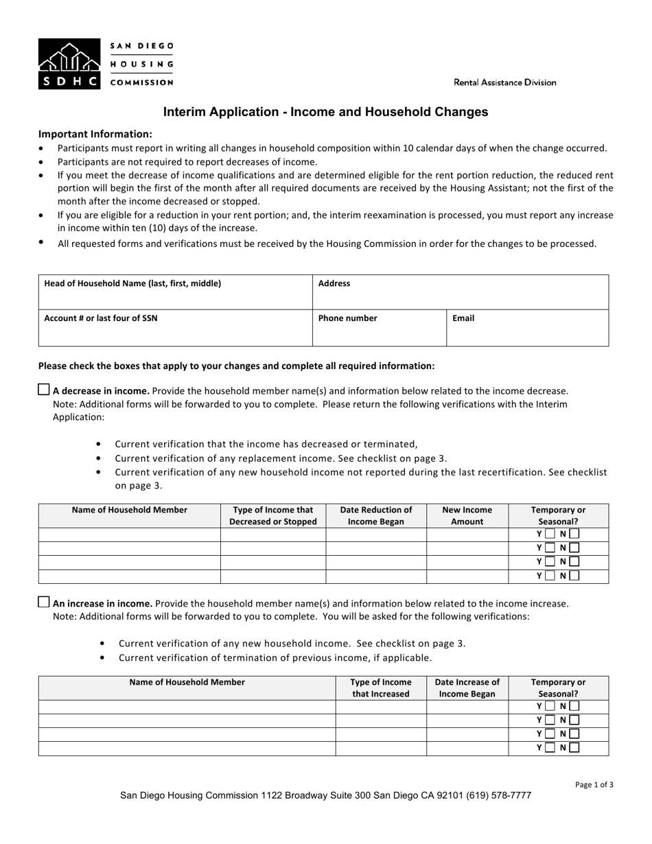 Interim Application - Income and Household Changes - City of San Diego, California, Page 1
