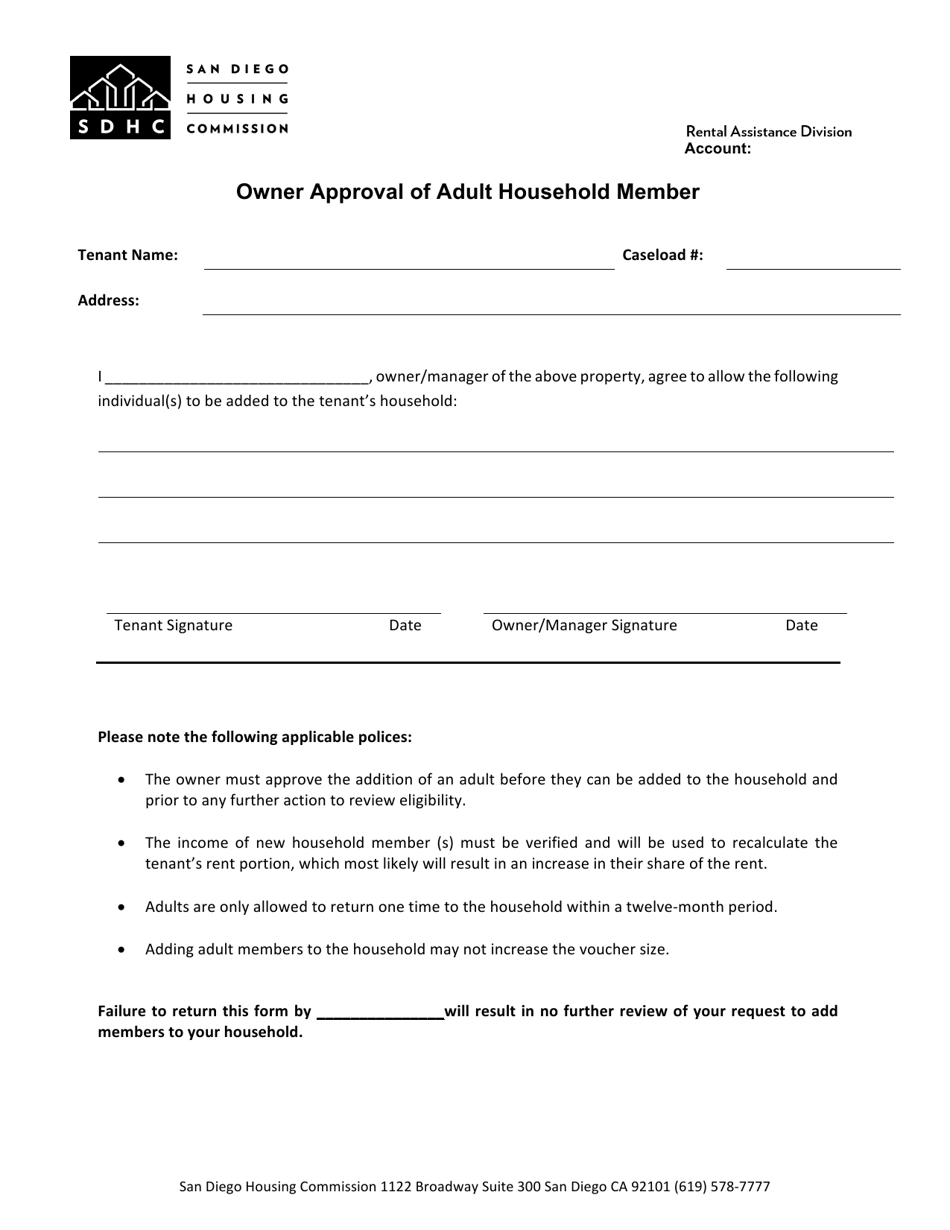 Owner Approval of Adult Household Member - City of San Diego, California, Page 1