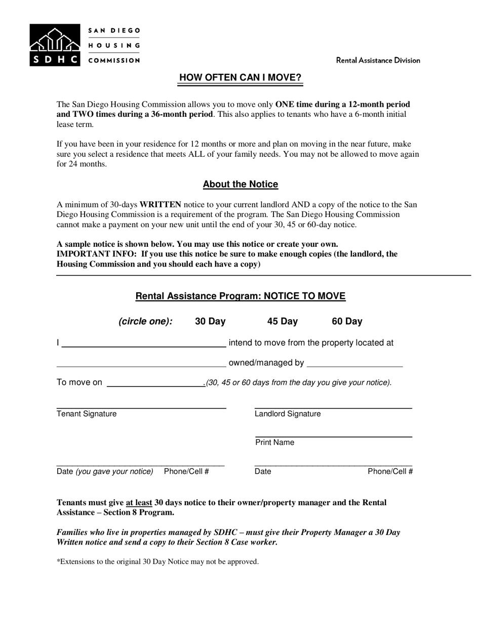 Notice to Move - Rental Assistance Program - City of San Diego, California, Page 1