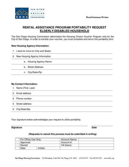 Rental Assistance Program Portability Request - Elderly / Disabled Household - City of San Diego, California Download Pdf