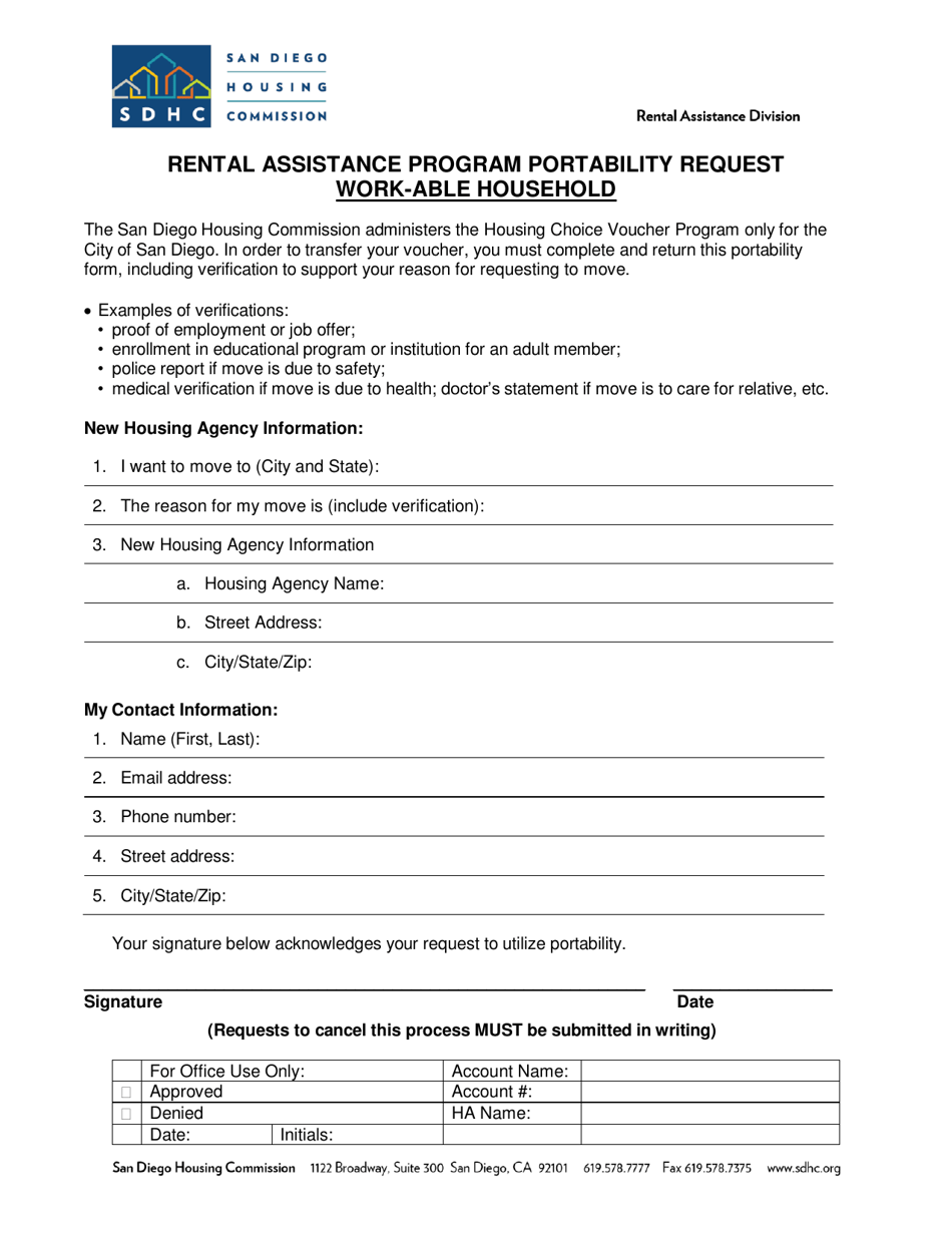 Rental Assistance Program Portability Request - Work-Able Household - City of San Diego, California, Page 1