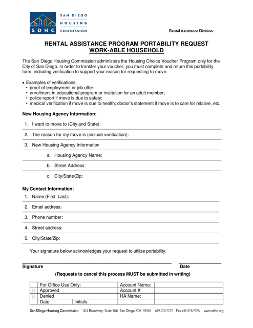 Rental Assistance Program Portability Request - Work-Able Household - City of San Diego, California Download Pdf