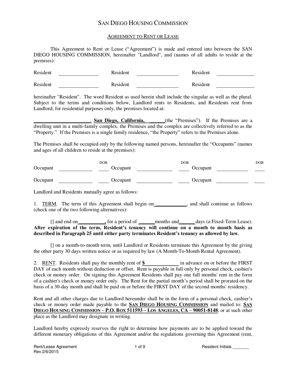 Agreement to Rent or Lease - City of San Diego, California, Page 1