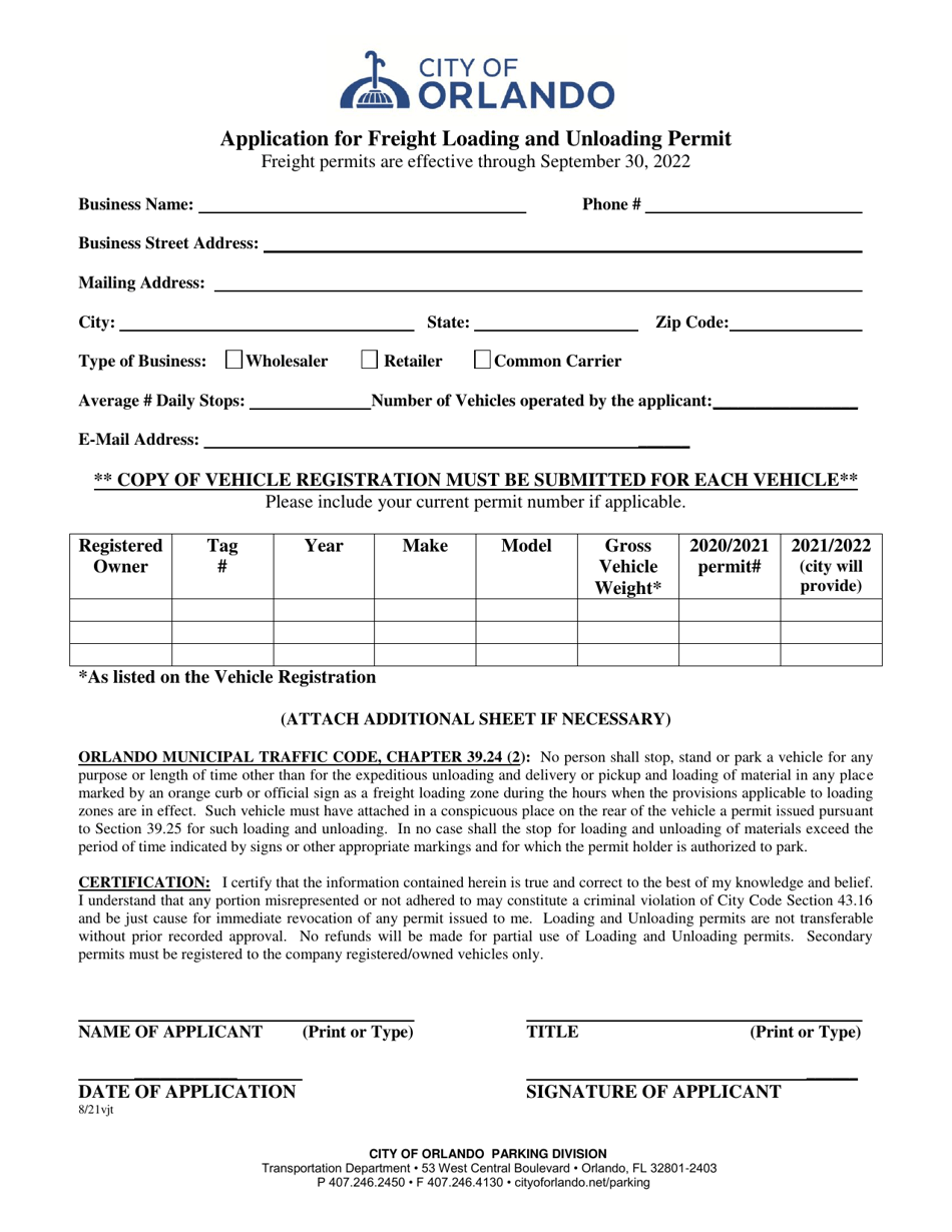 Application for Freight Loading and Unloading Permit - City of Orlando, Florida, Page 1