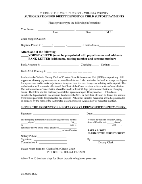 Form CL-0706-1612 Authorization for Direct Deposit of Child Support Payments - Volusia County, Florida
