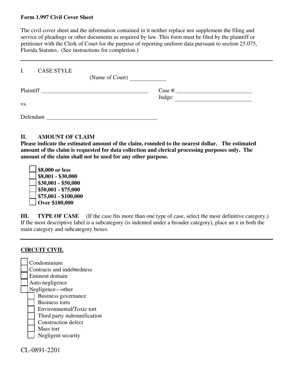 Form 1.997 (CL-0891-2201) Civil Cover Sheet - Volusia County, Florida, Page 1