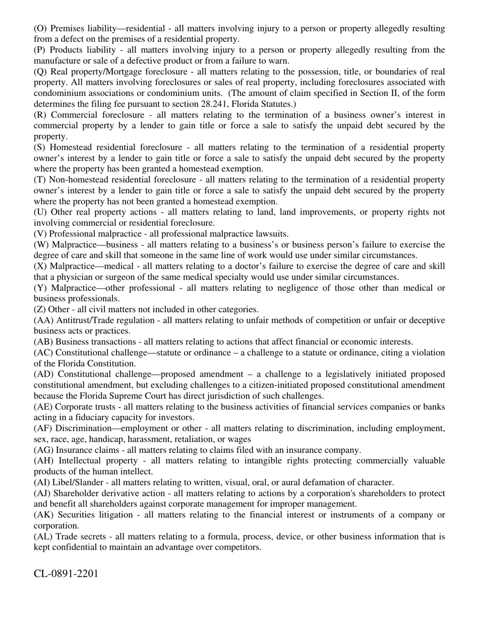 Form 1.997 (CL-0891-2201) Civil Cover Sheet - Volusia County, Florida, Page 5