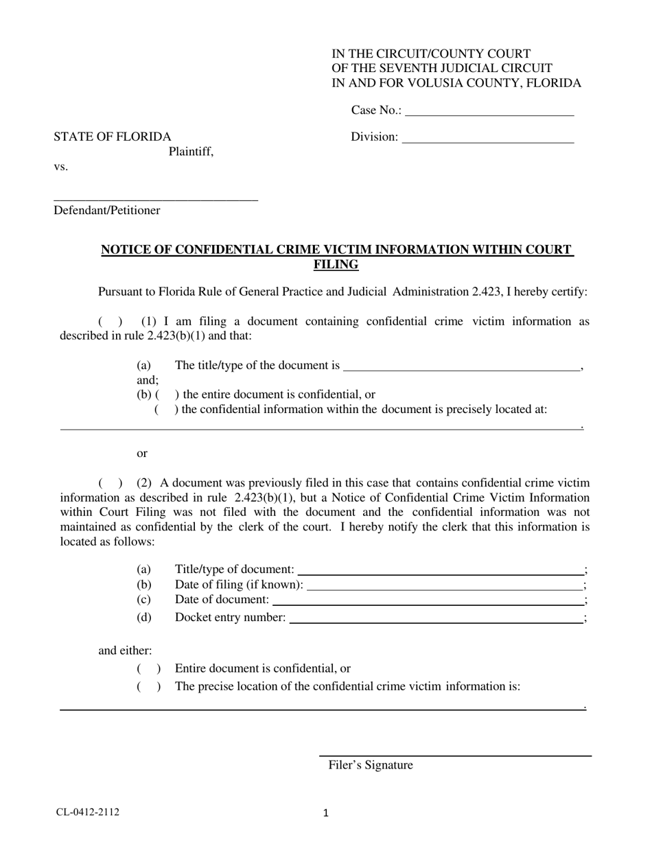 Form CL-0412-2112 Notice of Confidential Crime Victim Information Within Court Filing - Volusia County, Florida, Page 1