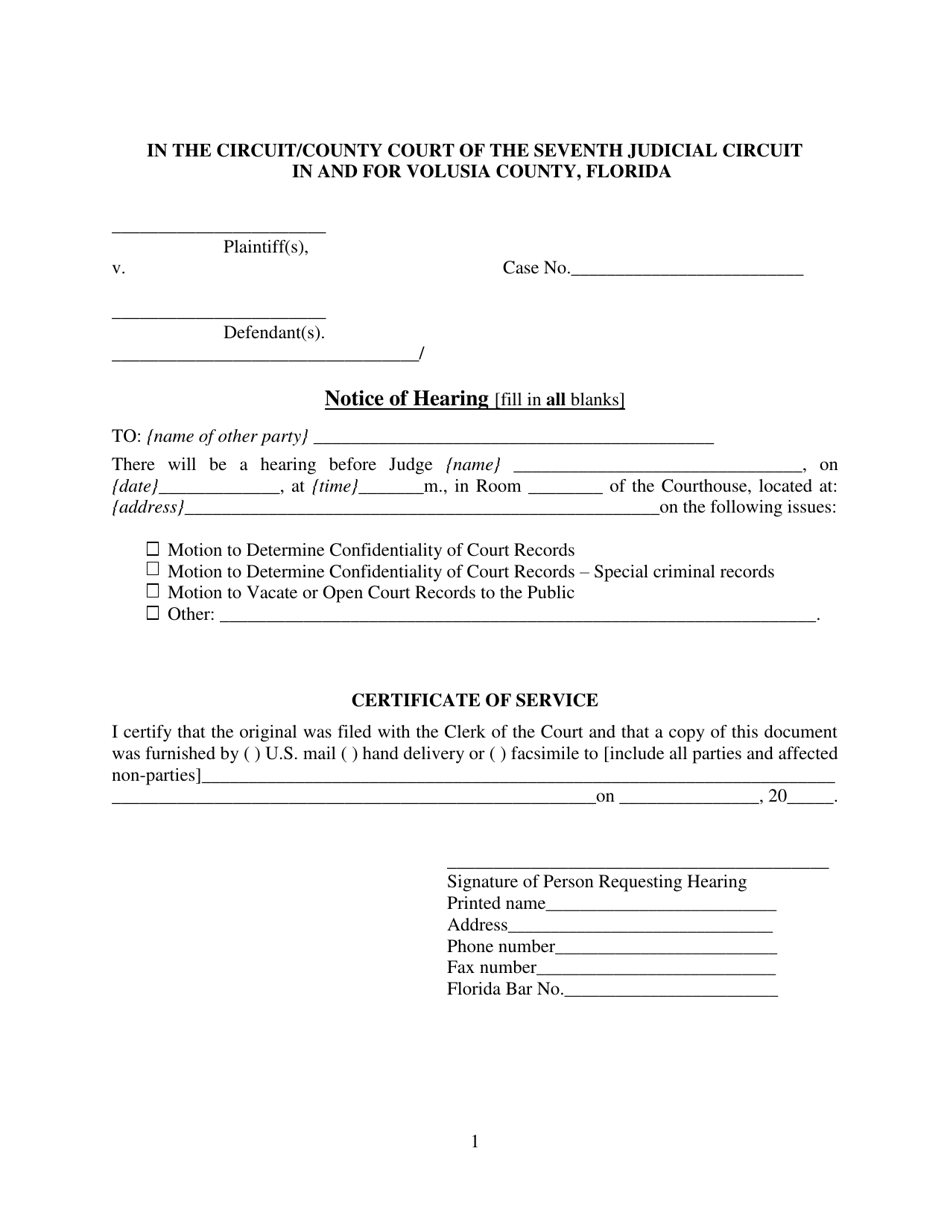 Volusia County, Florida Notice of Hearing Fill Out, Sign Online and