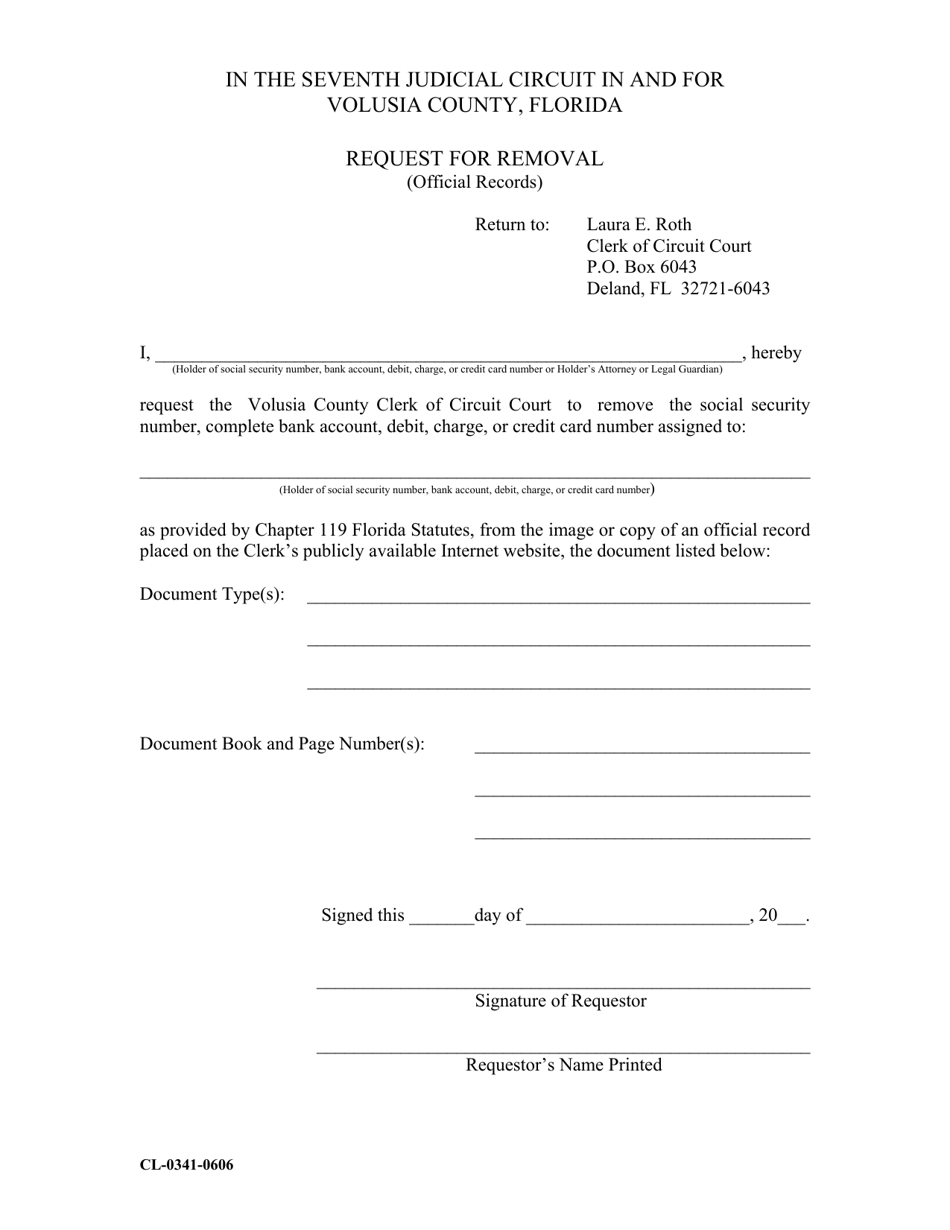 Form CL-0341-0606 Request for Removal (Official Records) - Volusia County, Florida, Page 1