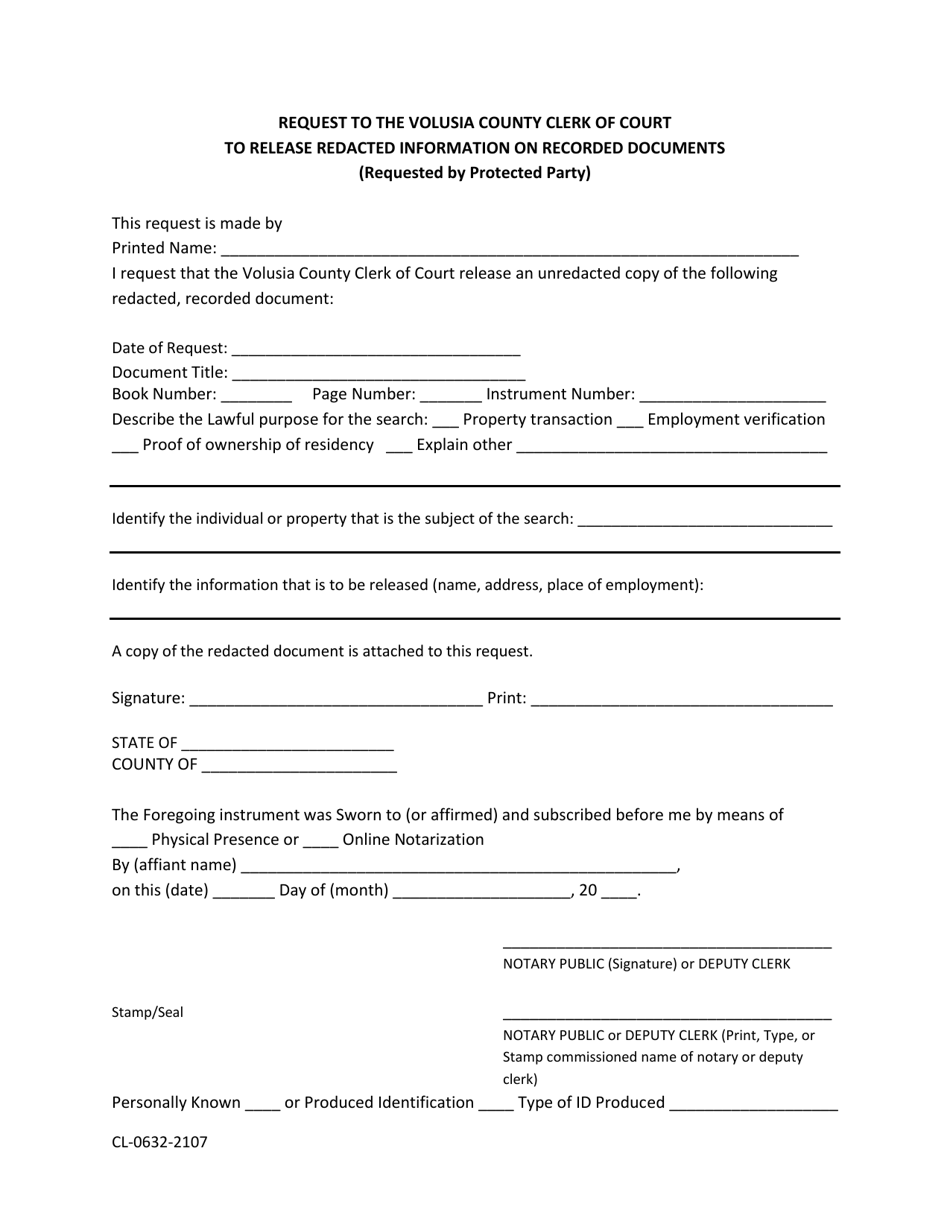 Form CL-0632-2107 Request to Release Redacted Information on Recorded Documents (Requested by Protected Party) - Volusia County, Florida, Page 1