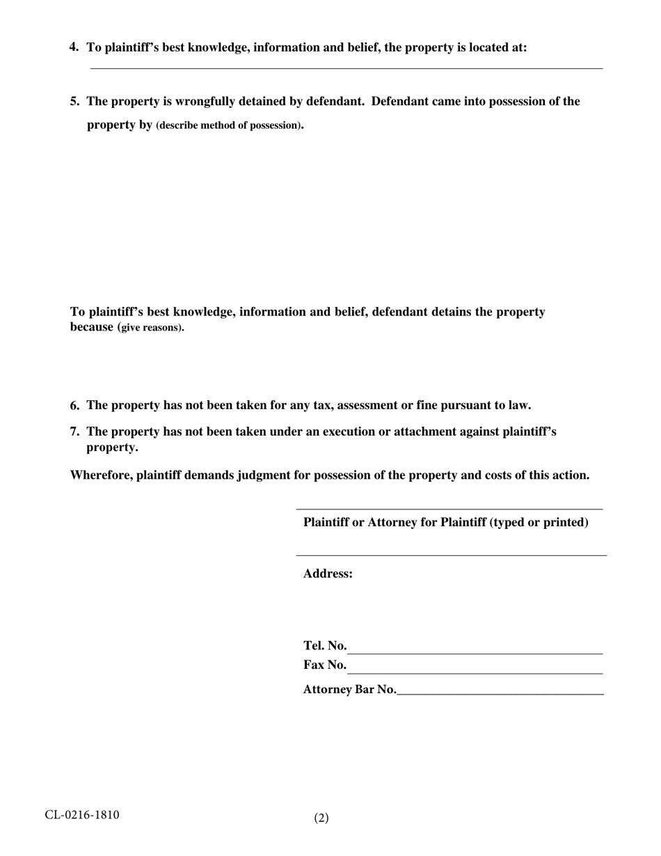 Form CL-0216-1810 Replevin Complaint - Volusia County, Florida, Page 2