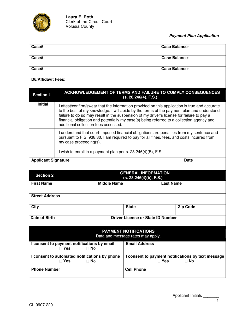 Form CL-0907-2201 Payment Plan Application - Volusia County, Florida, Page 1
