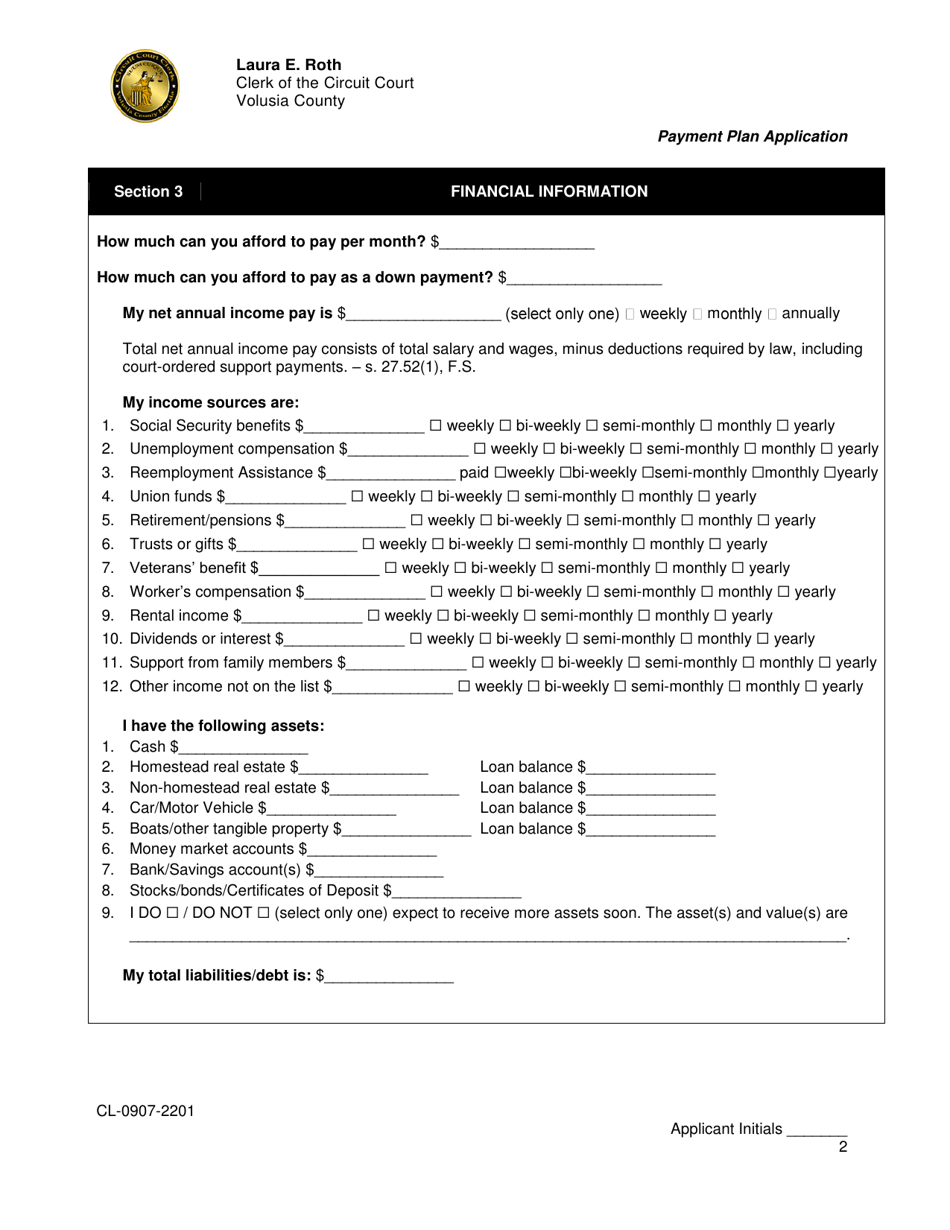 Form CL-0907-2201 Payment Plan Application - Volusia County, Florida, Page 2